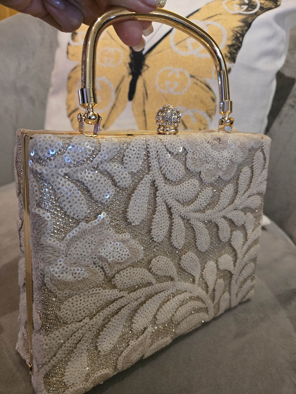 Sequined Floral Box Clutch with Gold Frame - Cream & Gold - Picture 2 of 8